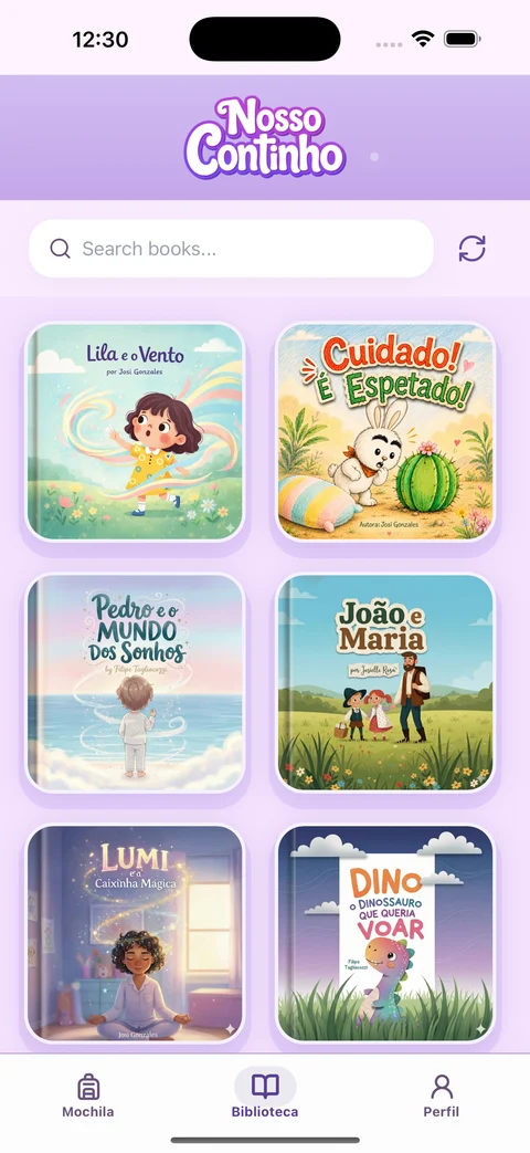 Biblioteca real do Nosso Continho, com as capas de Lila e o Vento, Cuidado! É Espetado!, Pedro e o Mundo dos Sonhos, João e Maria, Lumi e Dino