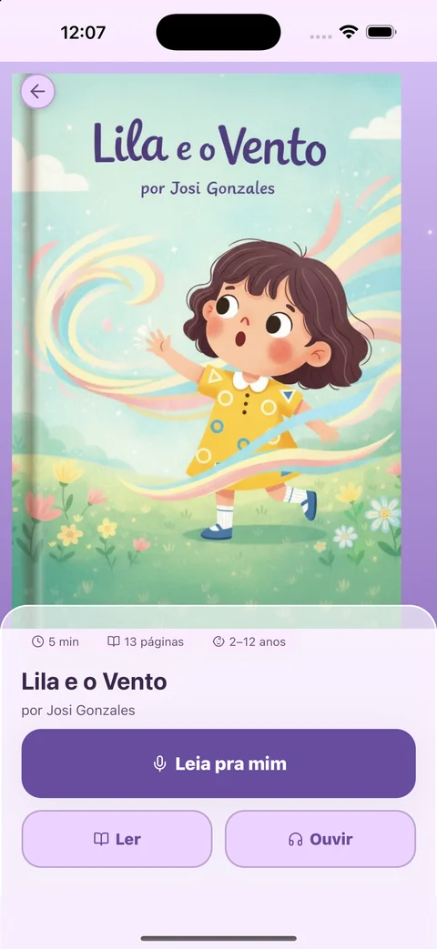 Tela real de Lila e o Vento no Nosso Continho, com opções de leitura e narração