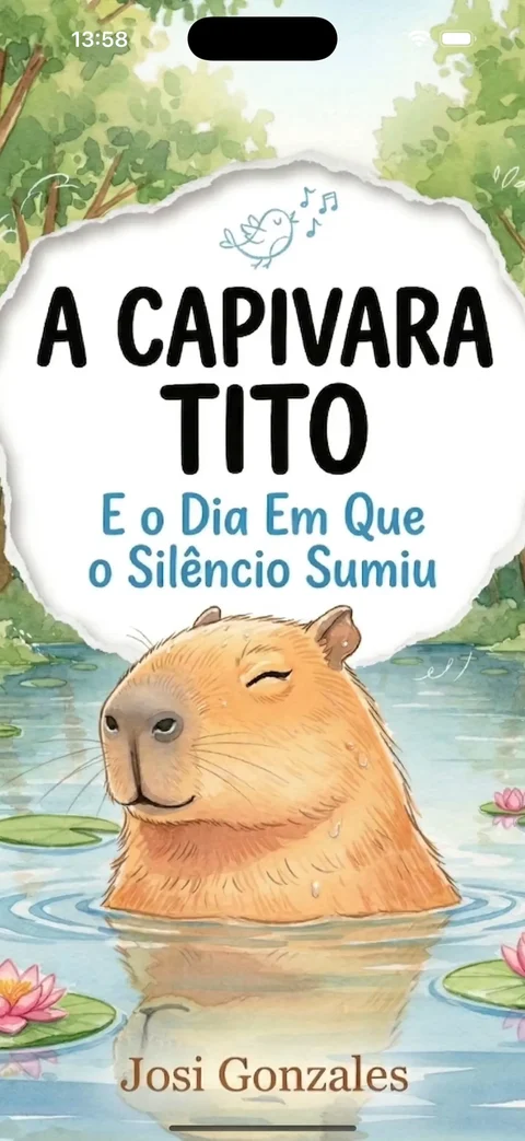 Capa de A Capivara Tito e o Dia em que o Silêncio Sumiu, aberta no leitor
