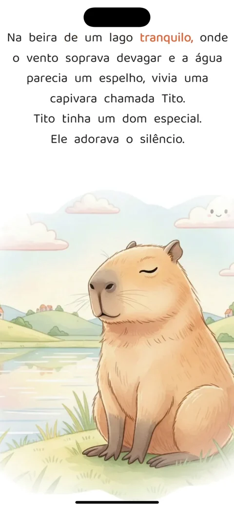 Página real de A Capivara Tito, com texto acima da ilustração e uma palavra destacada